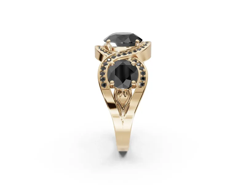 Round Three Stone Halo Engagement Ring Setting for a Black Center | Pavé Wave Band | Yellow Gold
