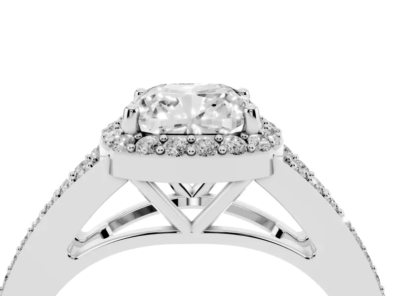 Cushion Cut Halo Engagement Ring Setting | V-Split Pavé Band | Sterling Silver