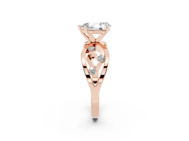 Pear Cut Diamond Solitaire Ring Set in Rose gold with Side Stones on Criss-Cross Band and Prong Setting