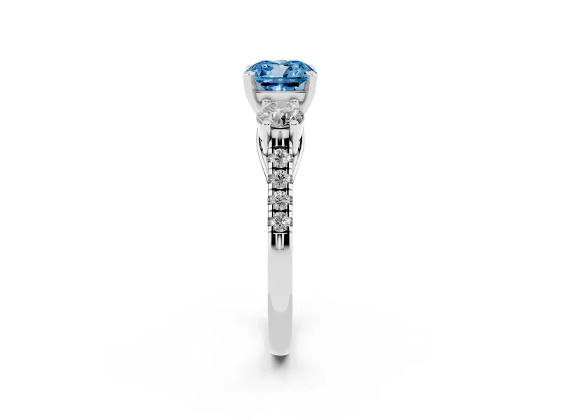 Fancy Blue Three-Stone Cushion Cut Diamond Pavé Band Ring Set in Silver with Prong-Set Trio