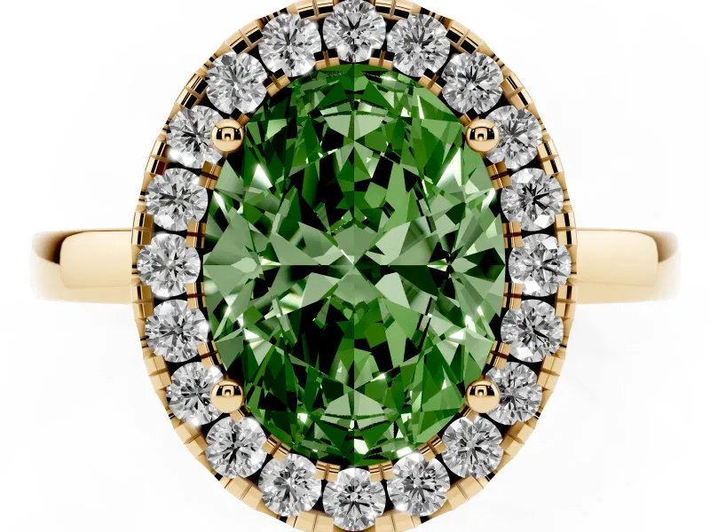Fancy Green Oval Cut Diamond Halo Solitaire Ring Set in Yellow gold with Pavé Band and Prong Setting
