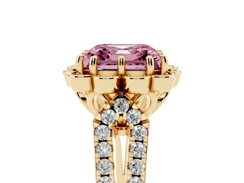 Asscher Cut Floral Halo Engagement Ring Setting for a Fancy Pink Lab-Grown Diamond | Pavé Split Shank | Yellow Gold