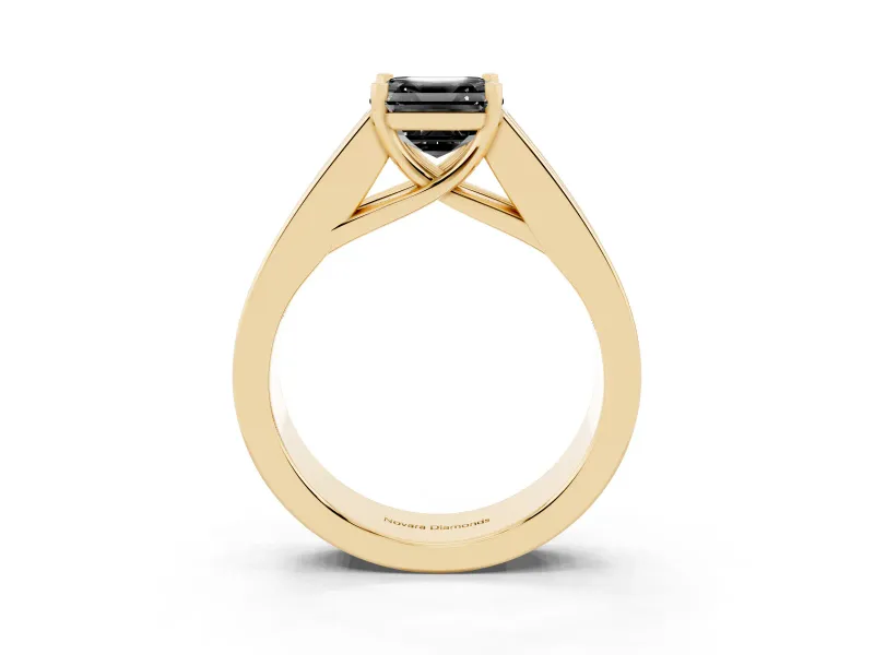 Fancy Black Asscher Cut Diamond Solitaire Ring Set in Yellow gold with Channel-Set Accent Stones and Prong Setting