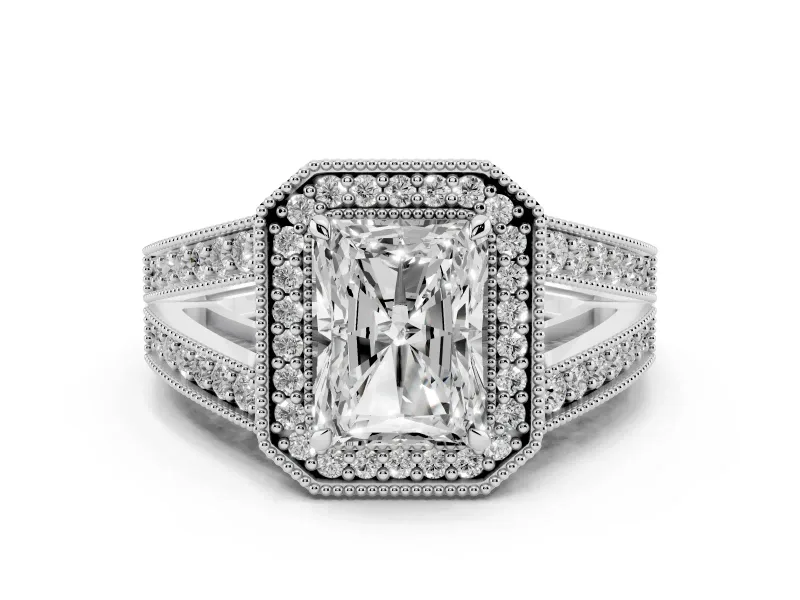 Radiant Cut Diamond Halo Ring Set in Platinum with Stone-Set Split Shank and Milgrain Edges