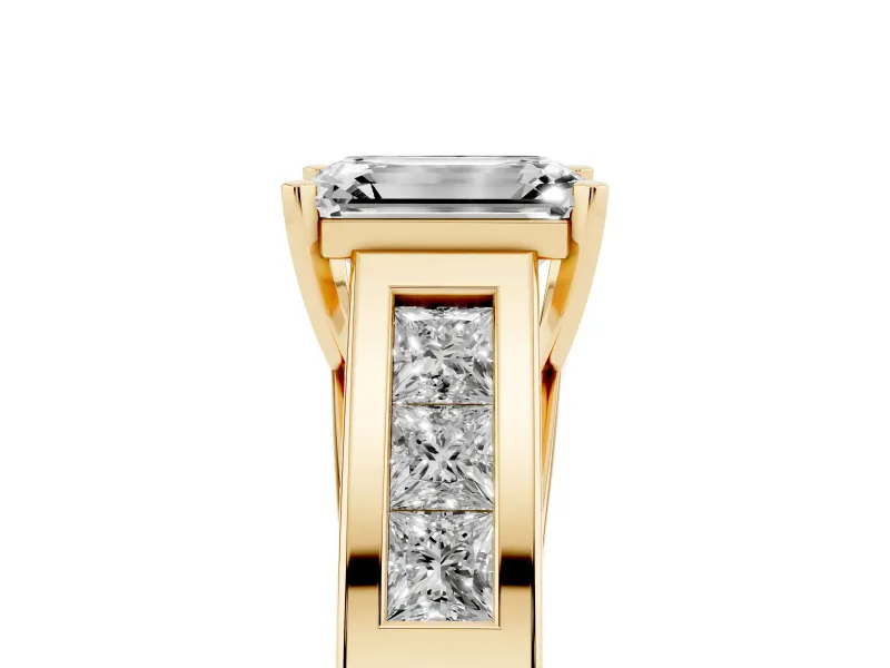 Emerald Cut Channel-Set Engagement Ring Setting | Princess Side Stones | Yellow Gold
