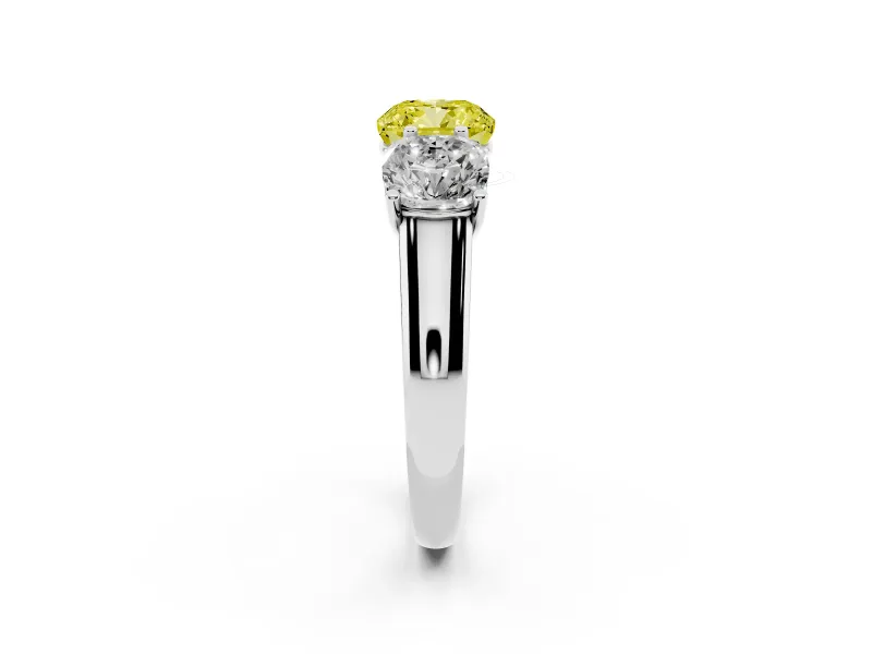 Cushion Cut Three Stone Engagement Ring Setting for a Fancy Yellow Lab-Grown Diamond | Basket Prong Heads | White Gold