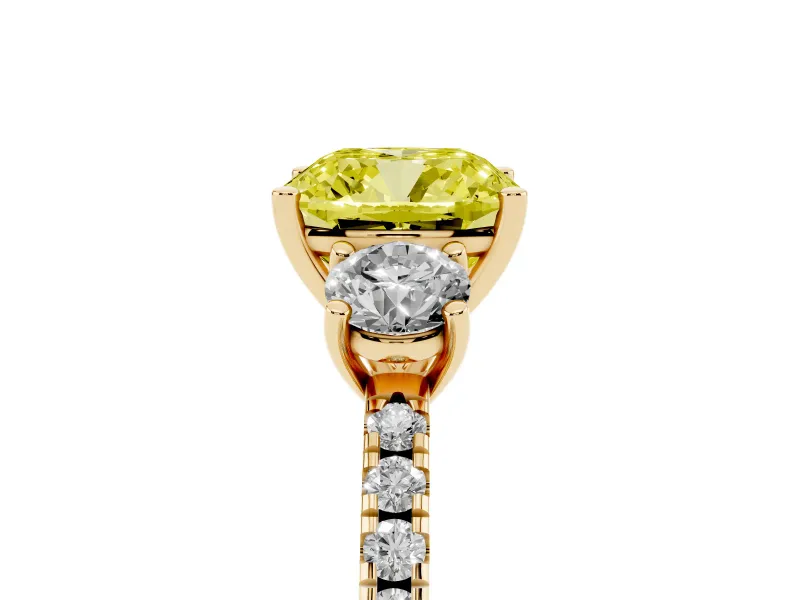 Cushion Cut Three Stone Engagement Ring Setting for a Fancy Yellow Lab-Grown Diamond | Pave Shoulders | Yellow Gold