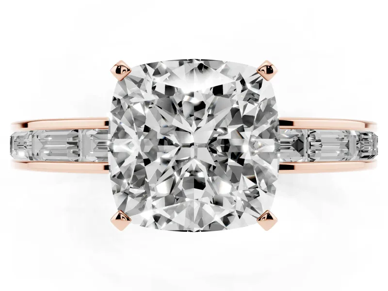 Cushion Cut Diamond Solitaire Ring Set in Rose gold with Channel-Set Baguette Band and Prong Setting