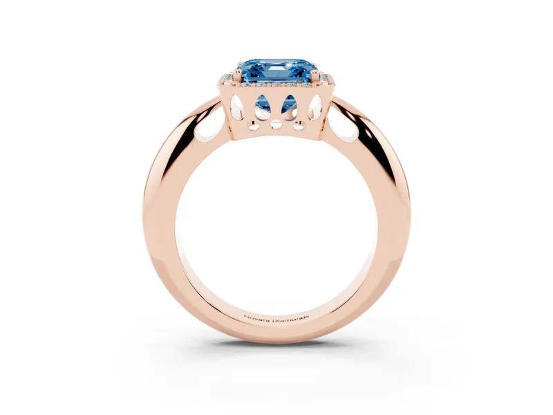 Fancy Blue Asscher Cut Diamond Halo Engagement Ring Set in Rose gold with Plain Split Shank and Prong Setting