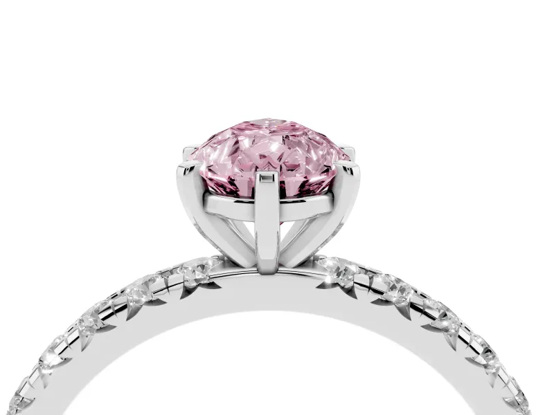 Fancy Pink Pear Cut Diamond Pavé Solitaire Ring Set in Silver with Round Band and Prong Setting