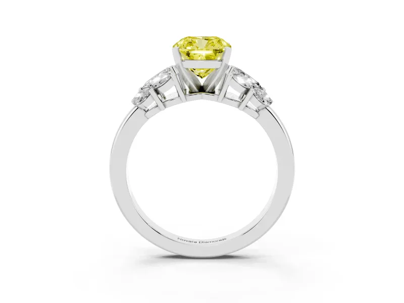Fancy Yellow Cushion Cut Diamond Cluster Leaf Design Ring Set in Silver with Prong Setting