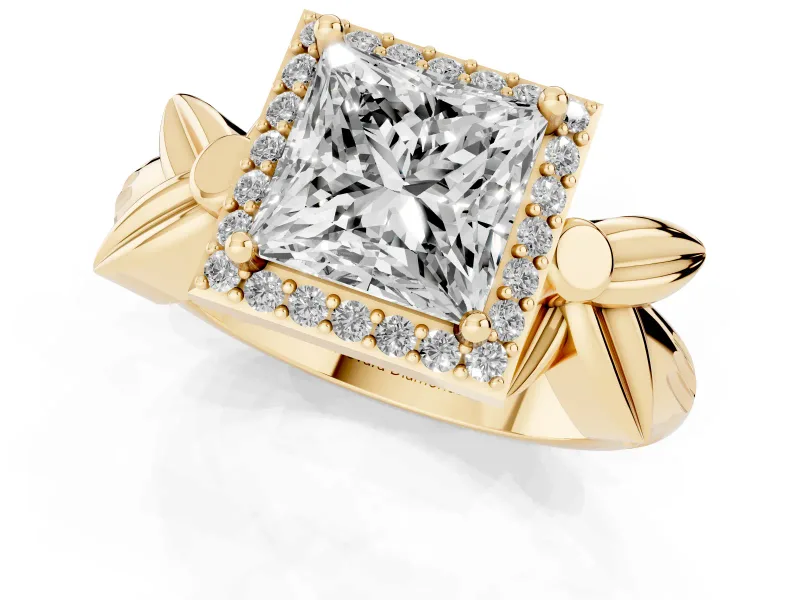 Princess Cut Floral Halo Engagement Ring Setting | Leaf Shoulders | Yellow Gold