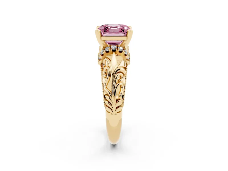 Asscher Cut Filigree Engagement Ring Setting for a Fancy Pink Lab-Grown Diamond | Yellow Gold