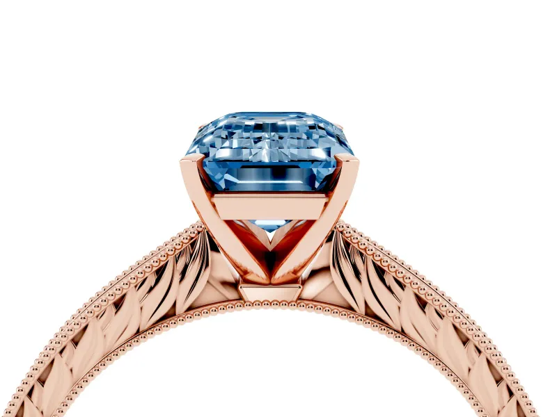 Fancy Blue Emerald Cut Diamond Solitaire Milgrain Engraved Band Set in Rose gold with Prong Setting