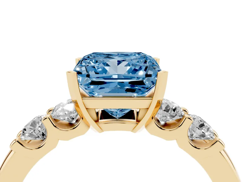 Fancy Blue Princess Cut Diamond Five-Stone Prong Set Engagement Ring Set in Yellow gold with Channel Band