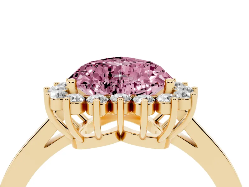 Fancy Pink Heart Cut Diamond Halo Ring Set in Yellow gold with Round Halo and Smooth Solitaire Band