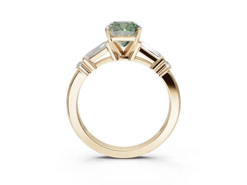 Cushion Cut Tapered Baguette Engagement Ring Setting for a Fancy Green Lab-Grown Diamond | Bar Set Sides | Yellow Gold