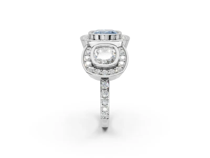 Cushion Cut Three Stone Halo Engagement Ring Setting for a Fancy Blue Lab-Grown Diamond | White Gold