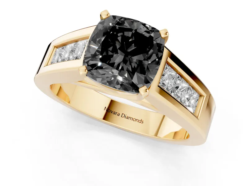Cushion Cut Channel-Set Engagement Ring Setting for a Black Center | Wide Band | Yellow Gold