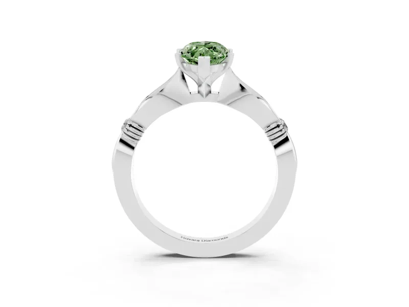 Fancy Green Marquise Cut Diamond Solitaire Twisted Band Ring Set in White gold with Accent Stones and Prong Setting