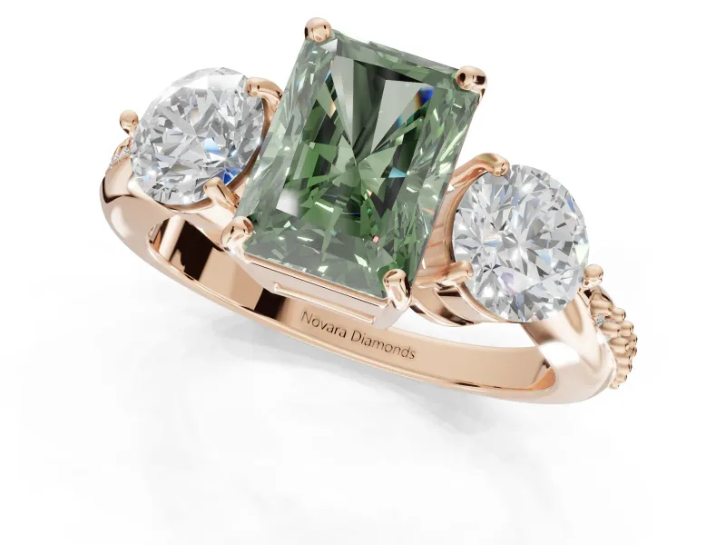 Radiant Cut Three Stone Engagement Ring Setting for a Fancy Green Lab-Grown Diamond | Tapered Pave Band | Rose Gold