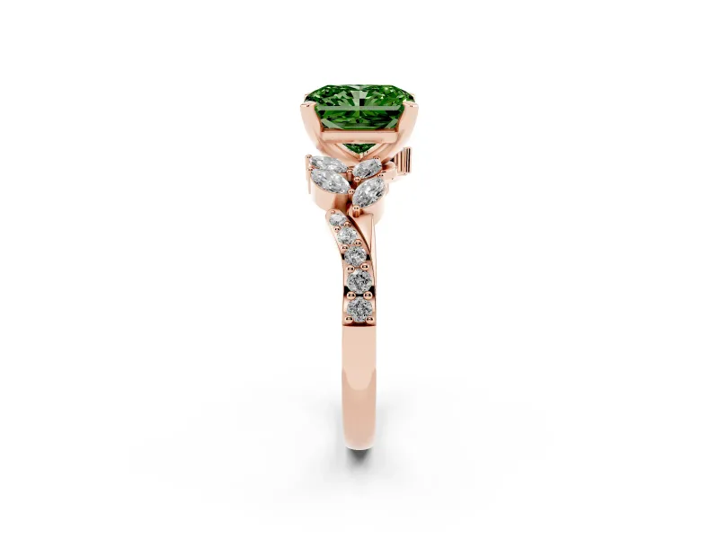 Radiant Cut Floral Engagement Ring Setting for a Fancy Green Lab-Grown Diamond | Marquise Side Stones | Rose Gold