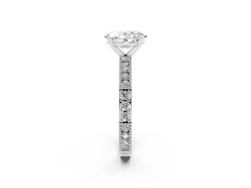 Oval Cut Diamond Solitaire Ring Set in Platinum with Slim Pavé Band and Prong Setting