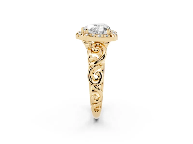 Heart-Shaped Vintage Filigree Halo Engagement Ring Setting | Scroll Shoulders | Yellow Gold