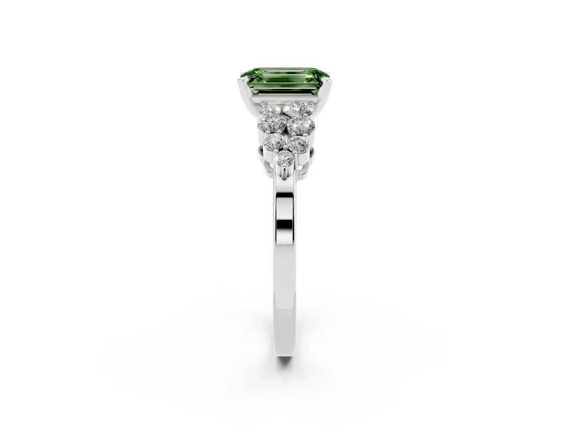 Fancy Green Emerald Cut Diamond Cluster Engagement Ring Set in Platinum with Pavé Band and Prong Setting