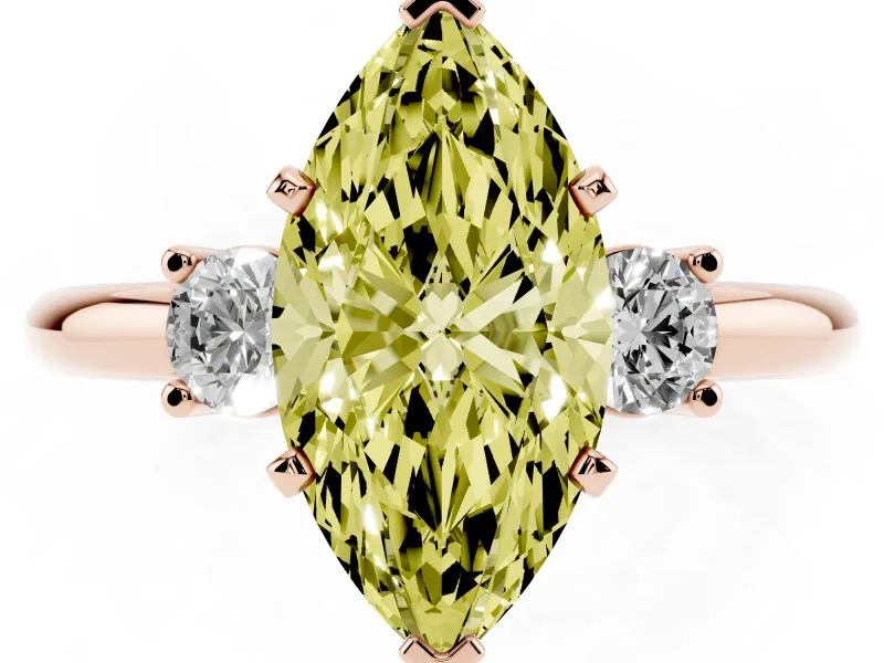 Fancy Yellow Three-Stone Marquise Cut Diamond Ring Set in Rose gold with Prong Setting and Plain Band
