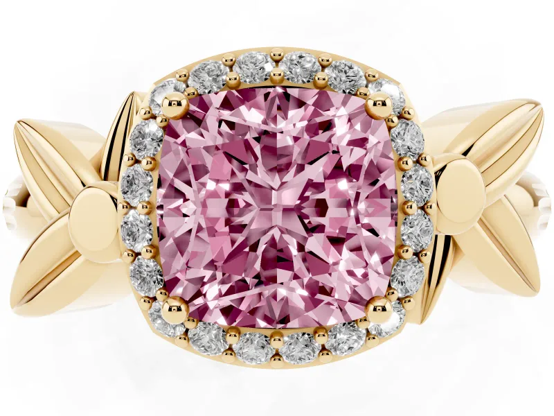 Cushion Cut Floral Halo Engagement Ring Setting for a Fancy Pink Lab-Grown Diamond | Yellow Gold