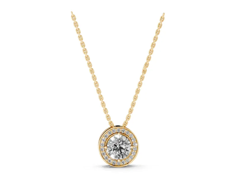 Round Lab-Grown Diamond Halo Pendant Necklace | Hidden Bail | Yellow Gold