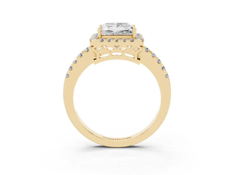 Princess Cut Halo Engagement Ring Setting | Shared Prong Pavé Band | Yellow Gold