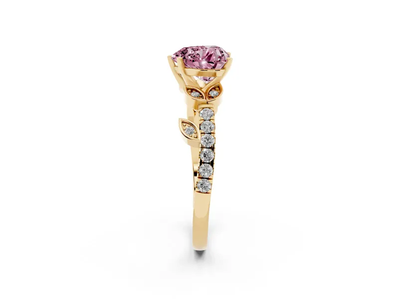 Fancy Pink Heart Cut Diamond Solitaire Leaf-Inspired Ring Set in Yellow gold with Pavé Band and Prong Setting