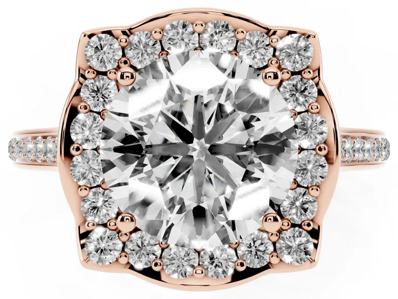 Round Petal Tip Halo Engagement Ring Setting | Single Row Pavé Band | Rose Gold