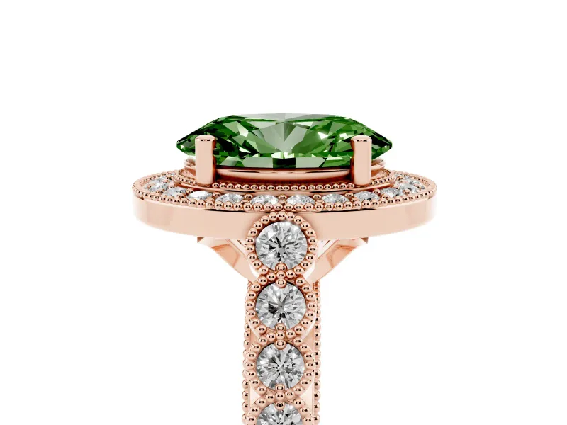 Fancy Green Oval Cut Diamond Milgrain Halo Solitaire Ring Set in Rose gold with Bezel Set Side Stones and Pavé Band
