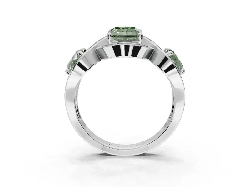 Radiant Cut Three Stone Halo Engagement Ring Setting for a Fancy Green Lab-Grown Diamond | Pavé Wave Band | White Gold
