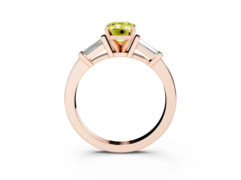 Fancy Yellow Emerald Cut Diamond Solitaire Ring Set in Rose gold with Tapered Baguette Accents and Prong Setting
