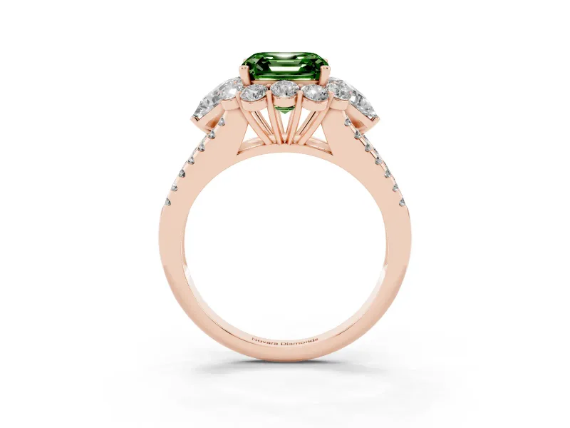 Asscher Cut Scalloped Halo Engagement Ring Setting for a Fancy Green Lab-Grown Diamond | Pear Side Stones | Rose Gold