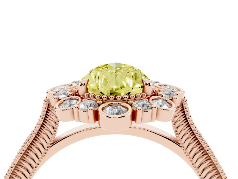Fancy Yellow Pear Cut Diamond Halo Milgrain Pavé Ring Set in Rose gold with Prong Setting