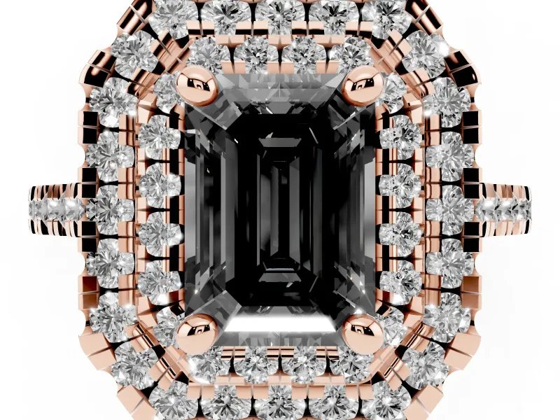 Emerald Cut Double Halo Engagement Ring Setting for a Black Center | Pavé Shoulders | Rose Gold