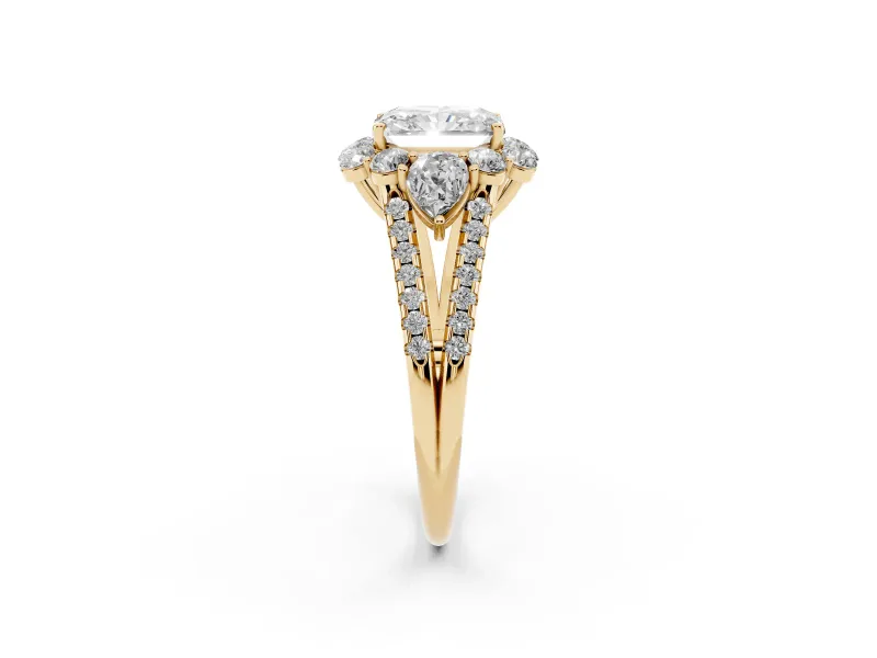 Radiant Cut Diamond Halo Split Shank Engagement Ring Set in Yellow gold with Prong-Held Center Stone