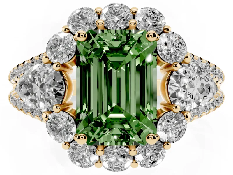 Fancy Green Emerald Cut Diamond Halo Split Shank Engagement Ring Set in Yellow gold with Prong-Held Center Stone