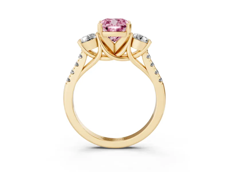 Cushion Cut Three-Stone Engagement Ring Setting for a Fancy Pink Lab-Grown Diamond | Yellow Gold