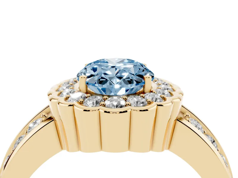 Fancy Blue Oval Cut Diamond Scalloped Halo Ring Set in Yellow gold with Pavé Split Shank