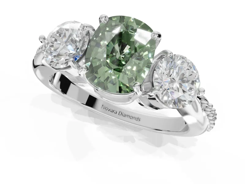 Cushion Cut Three Stone Engagement Ring Setting for a Fancy Green Lab-Grown Diamond | Tapered Pave Band | Platinum