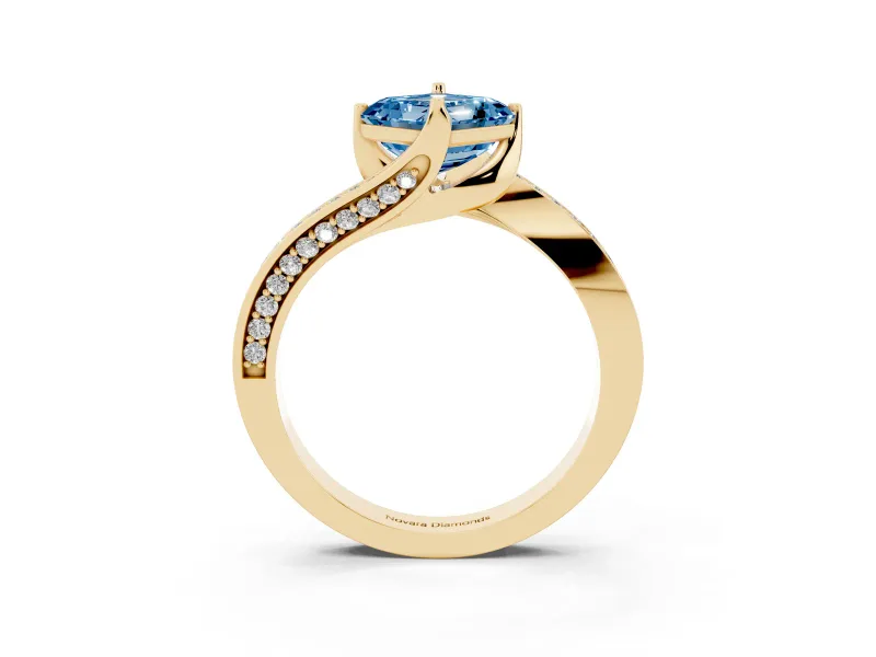 Asscher Cut Bypass Pavé Solitaire Engagement Ring Setting for a Fancy Blue Lab-Grown Diamond | Angled Head | Yellow Gold