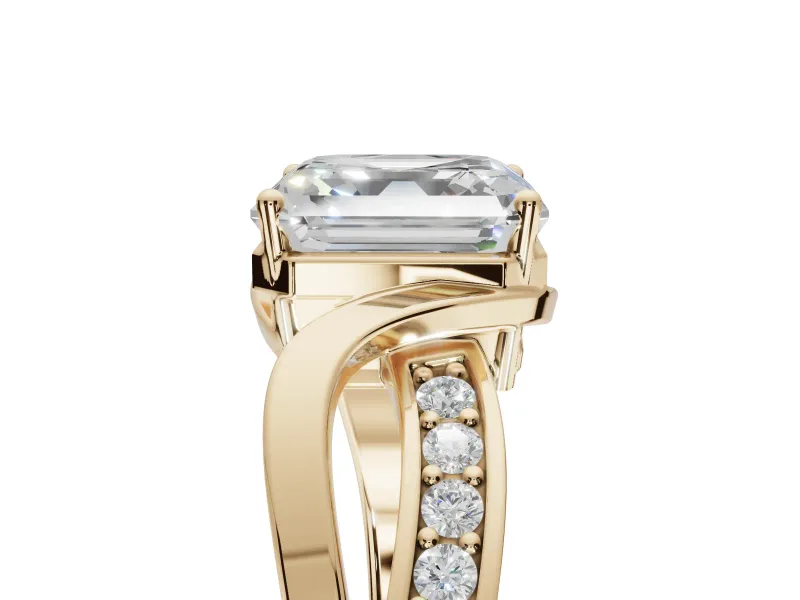 Asscher Cut Bypass Solitaire Engagement Ring Setting | Pavé and Plain Strands | Yellow Gold