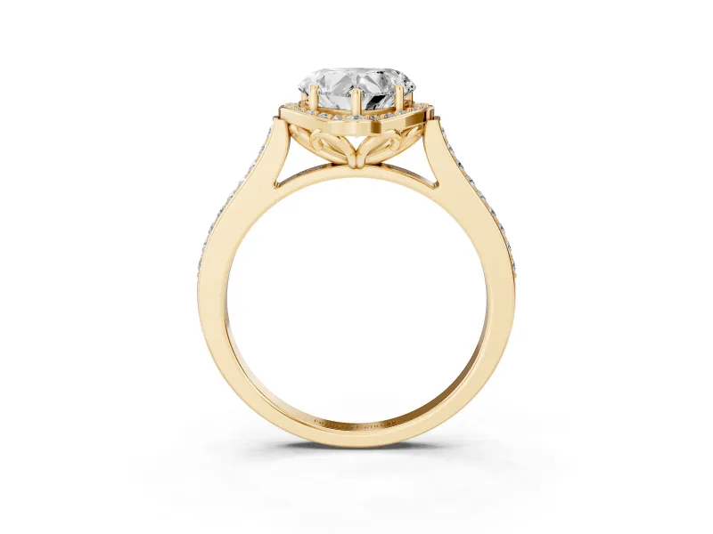 Heart-Shaped Petal Tip Halo Engagement Ring Setting | Single Row Pavé Band | Yellow Gold