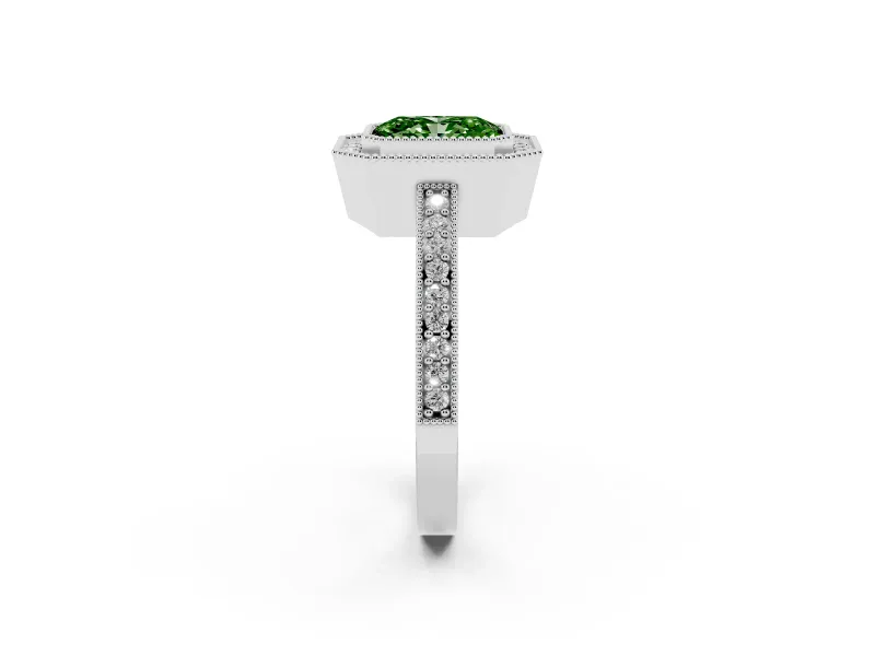 Fancy Green Radiant Cut Diamond Halo Engagement Ring Set in Platinum with Pavé Band and Round Halo Stones